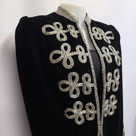Oscar de la Renta Lillie Rubin Vintage Black Velvet Silver Beaded Jacket Medium - Picture 6 of 16